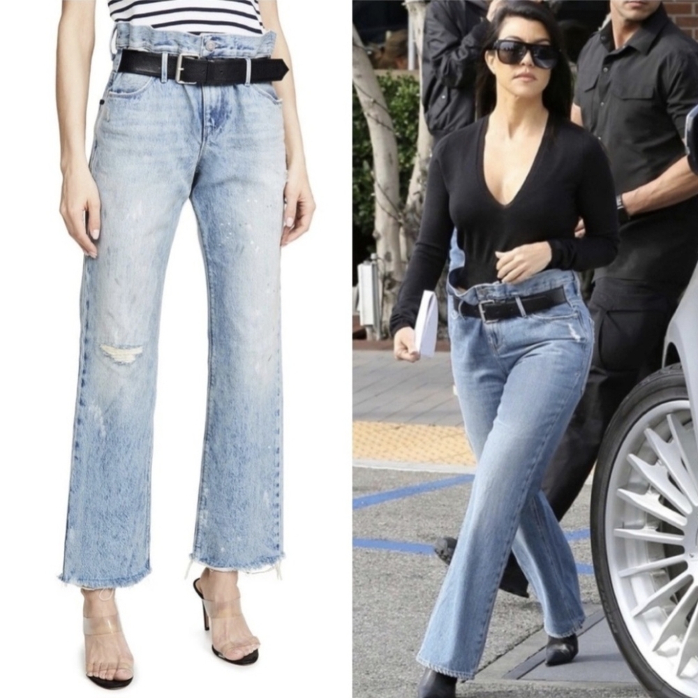 RtA Road To Awe Belted Dexter High Rise Relaxed Fit Distressed Denim Jeans Small